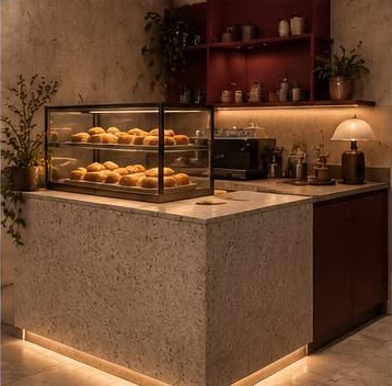 Stone dessert counter with a glass case of pastries and the espresso machine behind it