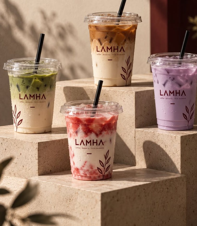 Four iced drinks in LAMHA cups arranged on stone steps