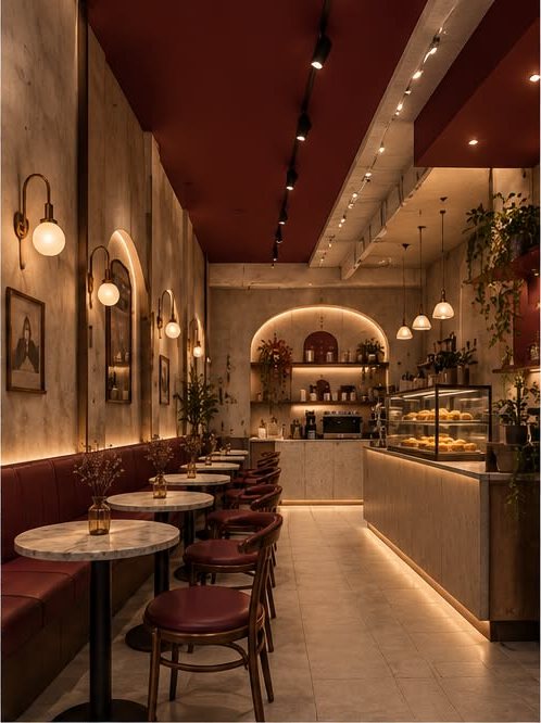 Long café room with burgundy banquettes, marble tables, and an arched coffee bar
