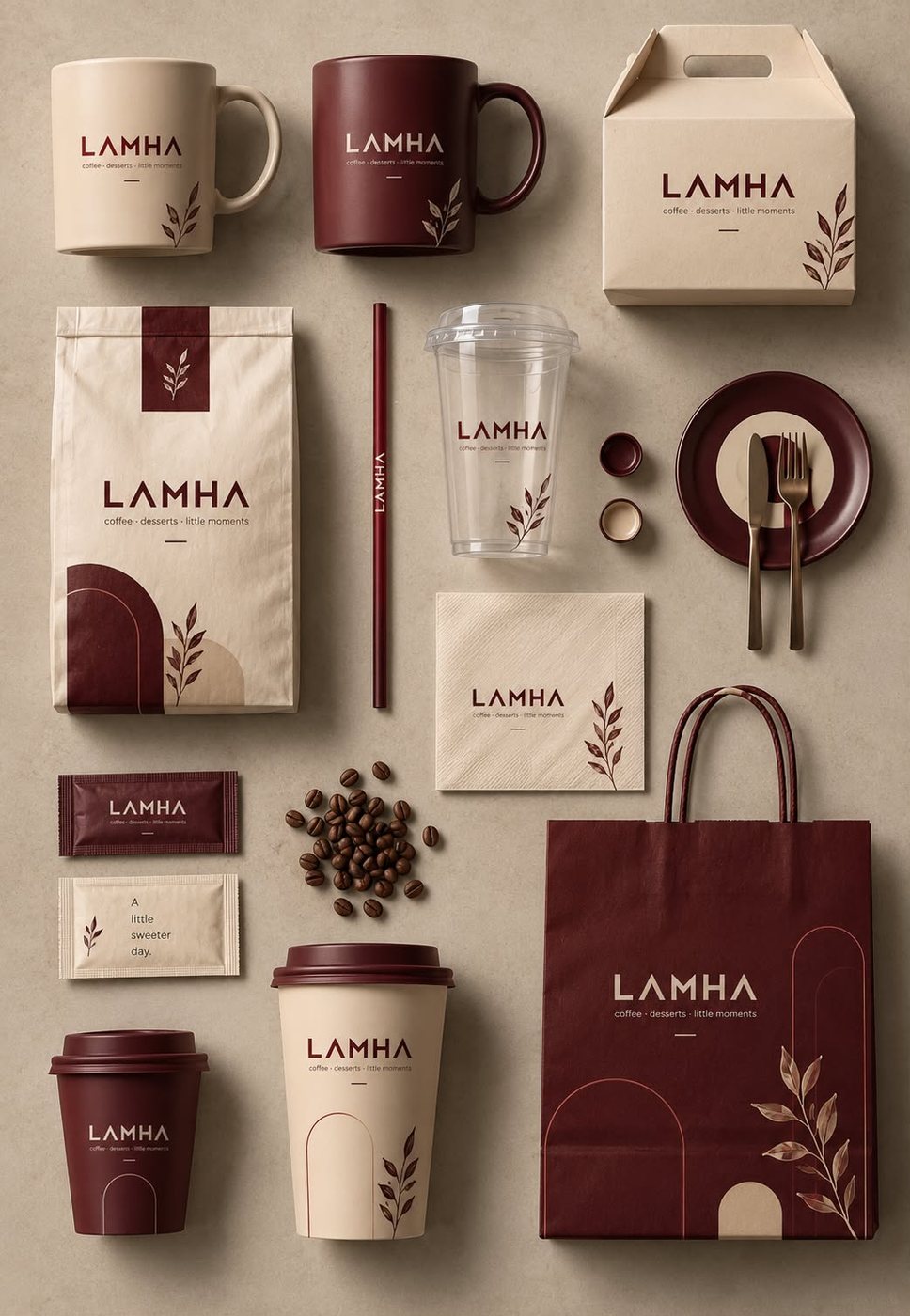 Flat lay of LAMHA cups, bags, napkins, and coffee packaging on a warm grey surface