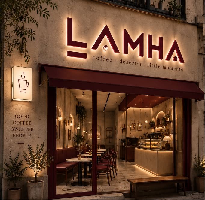 LAMHA storefront at dusk, with a burgundy awning and the illuminated wordmark above the open door